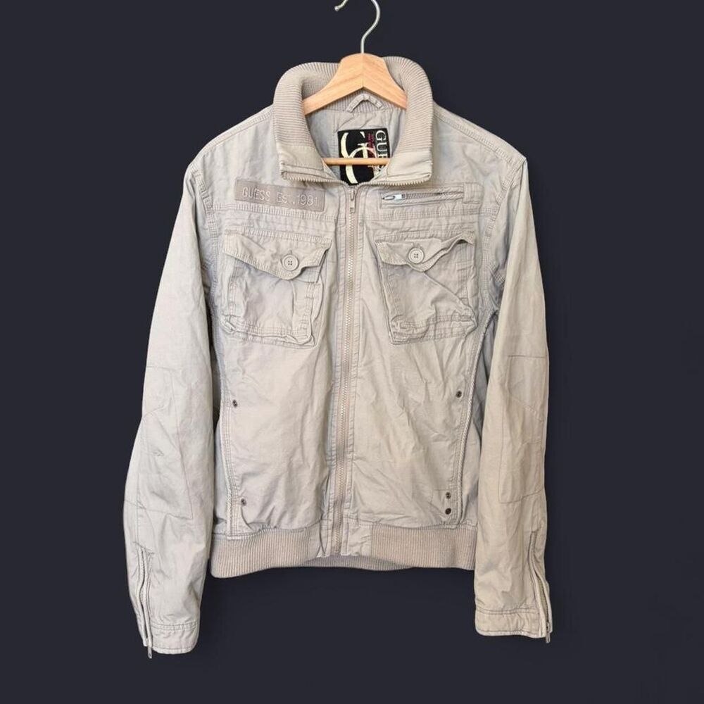 Vintage Y2K Guess cream bomber utility jacket military style zipper pockets